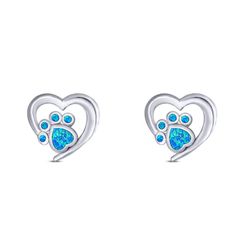 Heart & Paw Print Stud Earring Created Blue Opal Solid 925 Sterling Silver (9.1mm)
